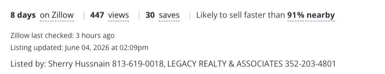 Zillow listing statistics for a Sherry Hussnain listing in Marion County, Florida: 447 views, 30 saves, likely to sell faster than 91 percent of nearby homes