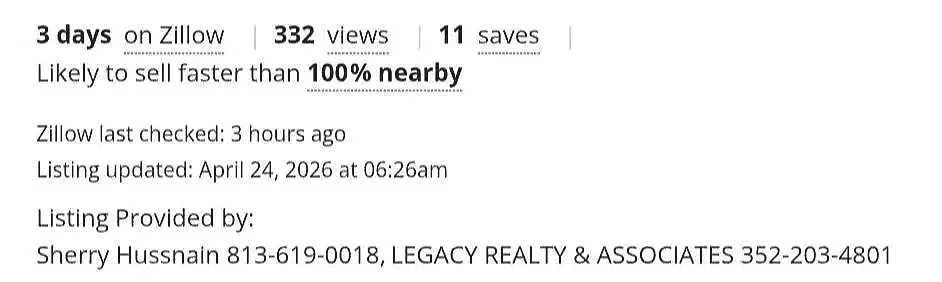 Zillow listing statistics for a Sherry Hussnain listing in Marion County, Florida: 3 days on Zillow, 332 views, 11 saves, likely to sell faster than 100 percent of nearby homes