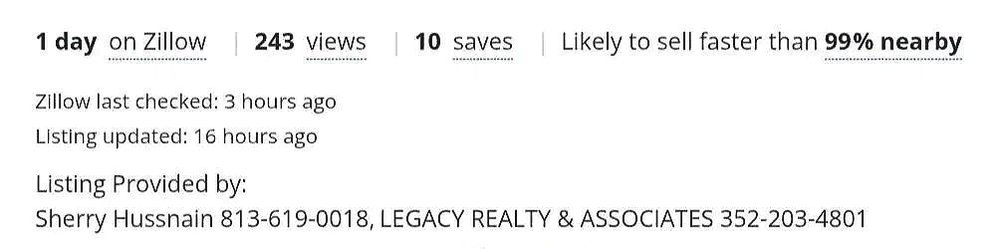 Zillow listing statistics for a Sherry Hussnain listing in Marion County, Florida: 1 day on Zillow, 243 views, 10 saves, likely to sell faster than 99 percent of nearby homes
