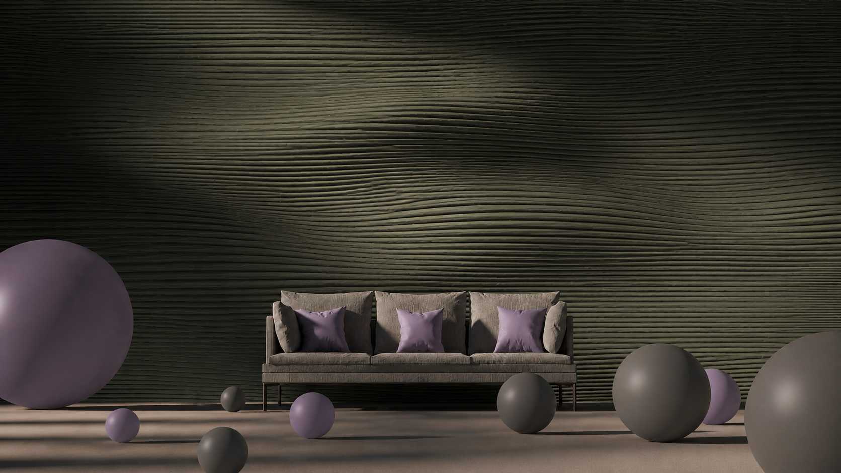 A modern living room scene with a gray sofa decorated with three purple pillows, surrounded by large purple and gray spherical objects on the floor, and a textured dark green wall in the background.