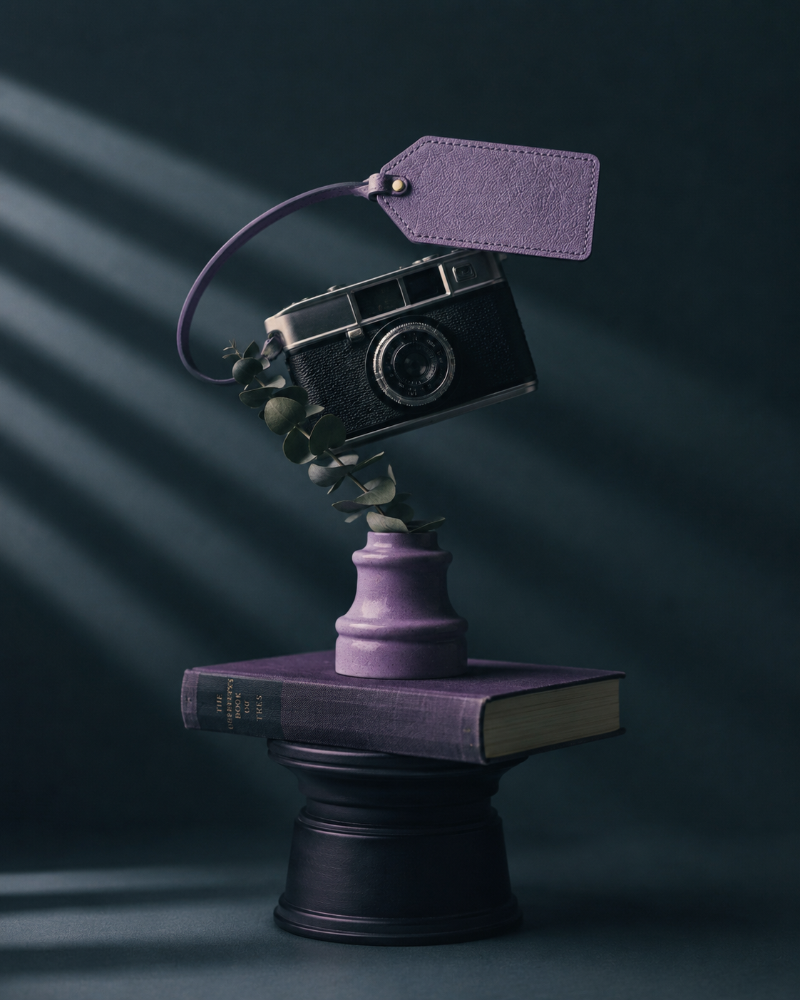 A vintage black camera with a purple leather tag attached, balanced on a purple book and a small purple vase with eucalyptus, all on a black pedestal against a dark background with diagonal light streaks.