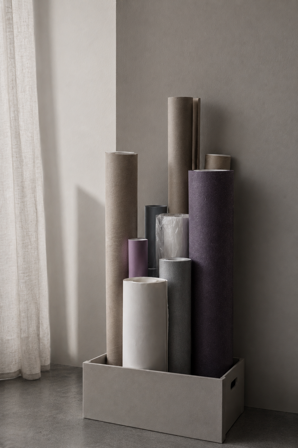 Several large rolls of wrapping or tissue paper in muted colors arranged in a white storage bin by a window with sheer curtains.