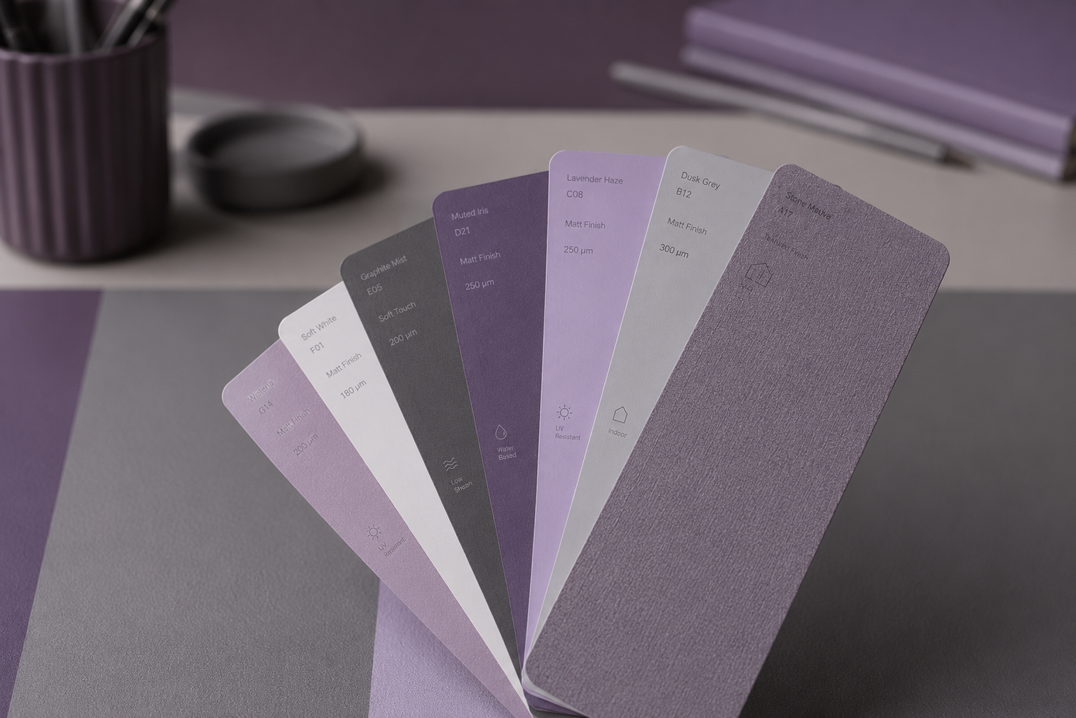 Sample color swatches in shades of purple, white, gray, and black, with textured and matte finishes, labeled with color codes and descriptions, fanned out on a workspace surface.