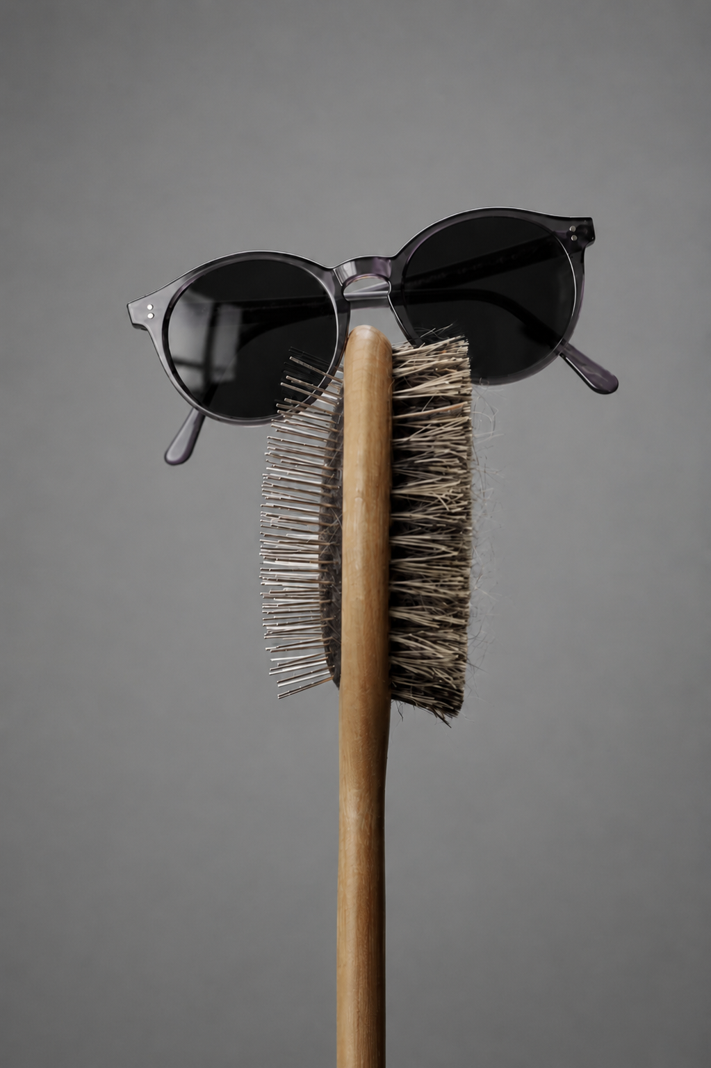 A cleaning brush with a wooden handle, a pair of black sunglasses placed upside-down on the brush, and a gray background.
