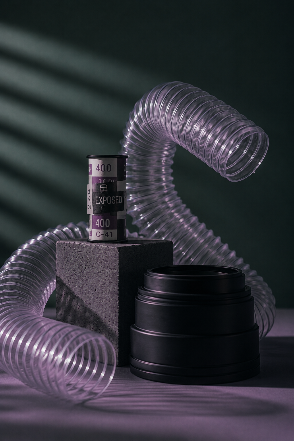 A roll of black film canister, a concrete block with a film roll on top, transparent flexible tubing, and a black plastic lid on a surface with a shadow, against a green background.