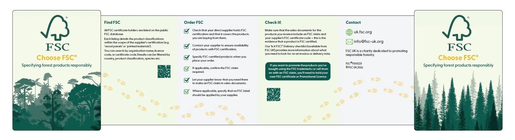 FSC certification informational brochure with green forest silhouette and FSC logo, detailing how to choose FSC products responsibly, including sections on finding, ordering, checking, and contacting FSC, with QR codes and contact information.