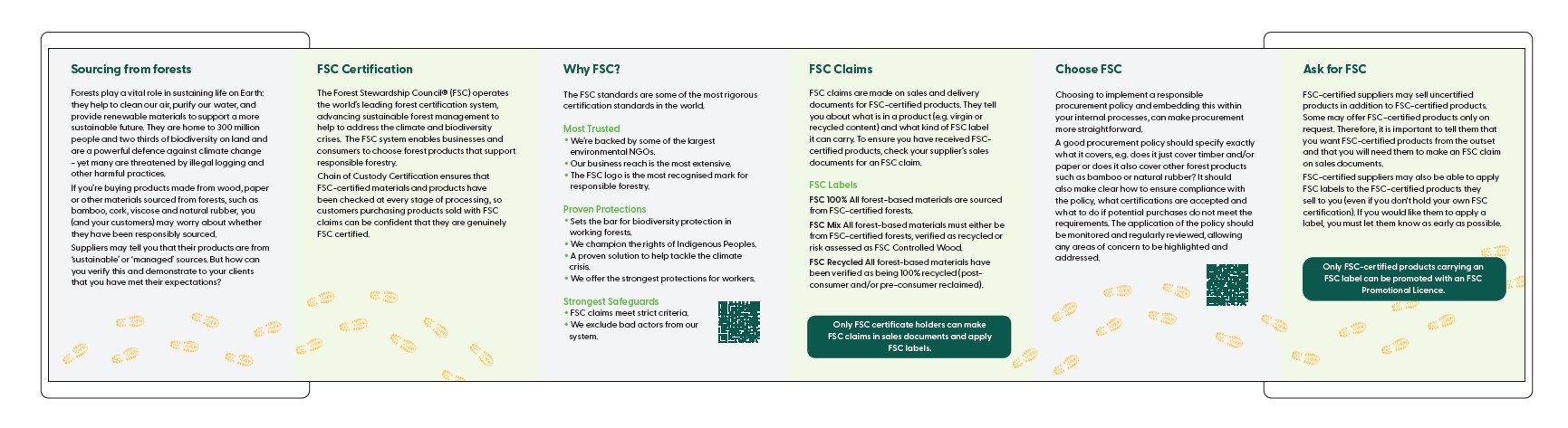 An informative brochure about FSC certification explaining sourcing from forests, FSC claims, labels, and ask for FSC. It includes text sections, bullet points, and a green footer with a QR code and a statement about FSC certification and promotion.