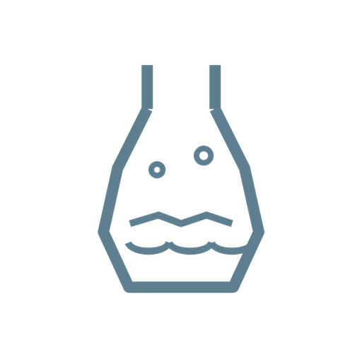 A line drawing of a laboratory glass flask with a face expression, including two eyes and a mouth, depicted with liquid inside.