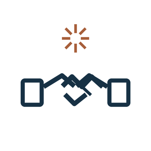 Icon of a handshake with two squares beneath it and a red loading symbol above.
