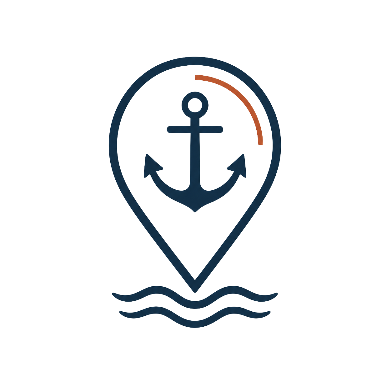 A location pin icon with a navy blue anchor inside, positioned above stylized water waves.