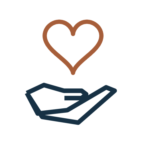 A simple line drawing of a hand holding a heart.