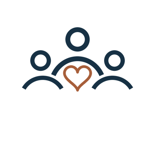 A graphic icon of three people with a heart in the center underneath, symbolizing community or care.