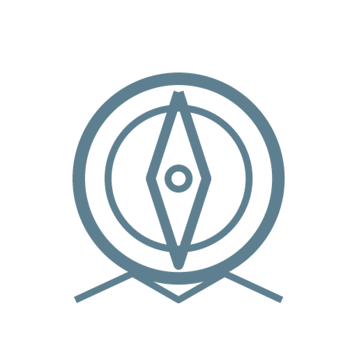 A logo featuring a stylized compass with geometric shapes and a circular border.