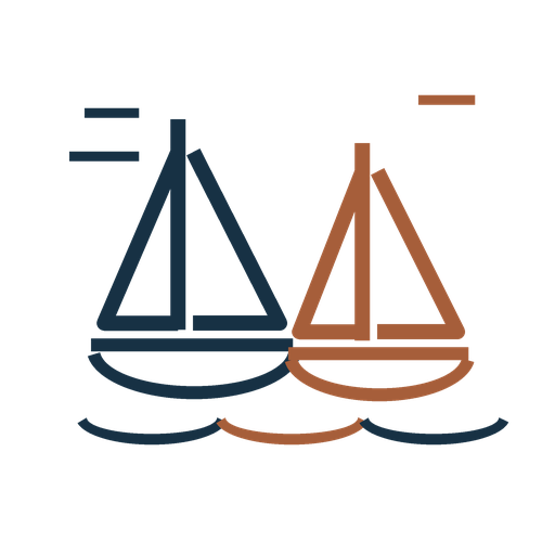 Two stylized sailboats, one in blue and one in brown, floating on water with horizontal lines representing waves.