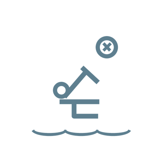 A drawing of a microscope with a close button and crossed circle above it, and water waves below.