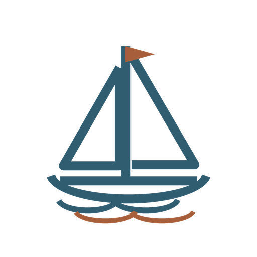 A sailboat with a triangular sail and a flag on top, floating on stylized water.