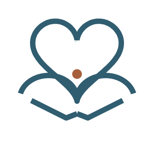 A stylized open book with a heart shape above it and a small circle inside the heart.