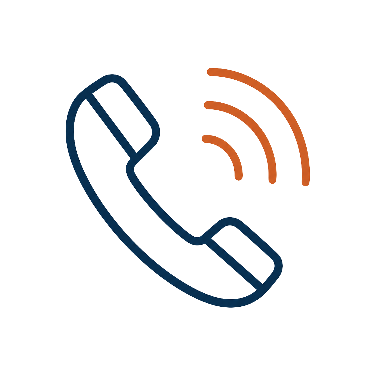 Outline of a telephone receiver with a signal icon above it, featuring three curved lines in orange and yellow indicating connectivity or communication.