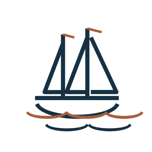 A stylized illustration of a sailing ship with three masts, floating on water.