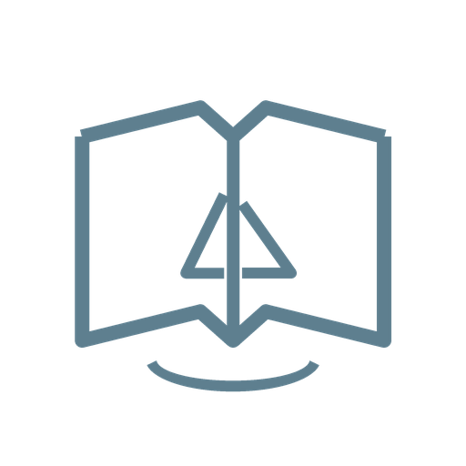 An open book with a ruler and a triangle inside, with a curved line underneath.