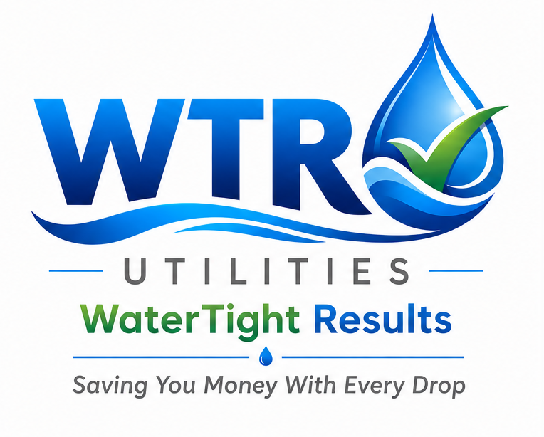 WTR Utilities logo with a water droplet and a green checkmark, and text that reads 'WaterTight Results' and 'Saving You Money With Every Drop'.