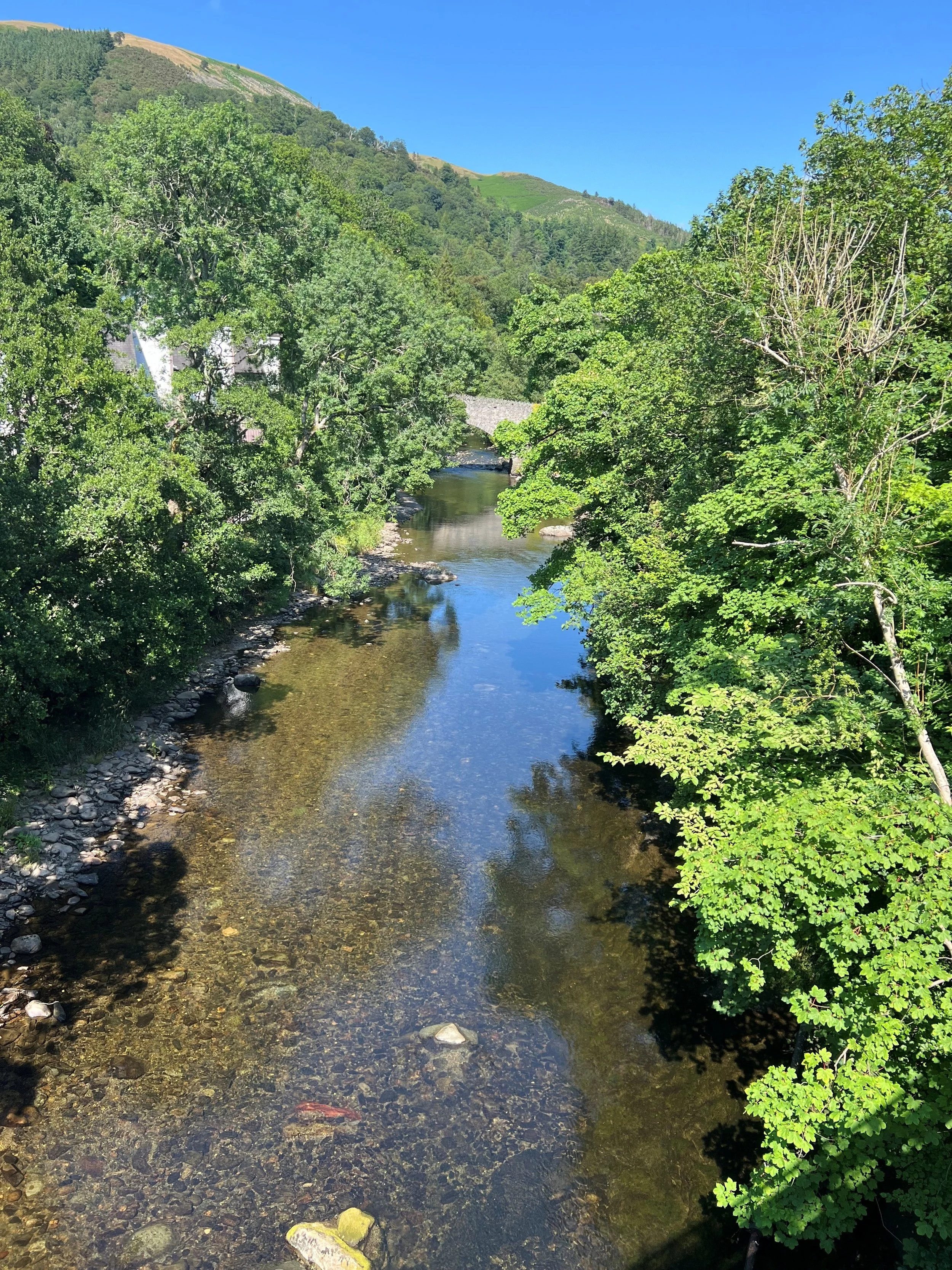 A clear river flowing through a lush green landscape with trees on both sides and hills in the background under a bright blue sky.