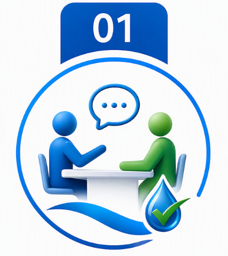 Illustration of two people having a conversation at a table, with a speech bubble above them, and a checkmark inside a water droplet at the bottom right corner.