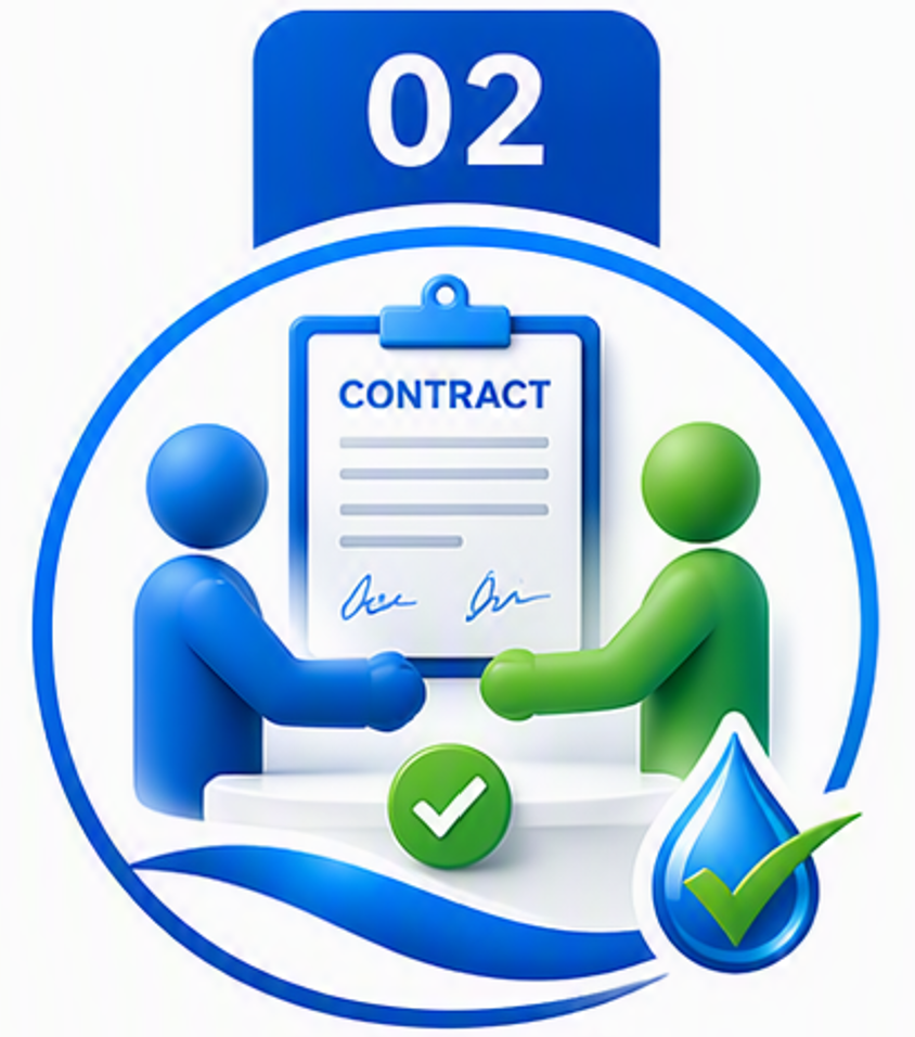 Illustration of two abstract figures, one blue and one green, shaking hands over a contract on a clipboard, with green check marks and a water droplet icon indicating agreement or approval.