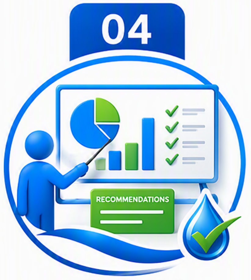 A blue figure presents various business graphs and charts on a whiteboard, including a pie chart and bar graph, with green check marks indicating approval, and a green "RECOMMENDATIONS" box below.