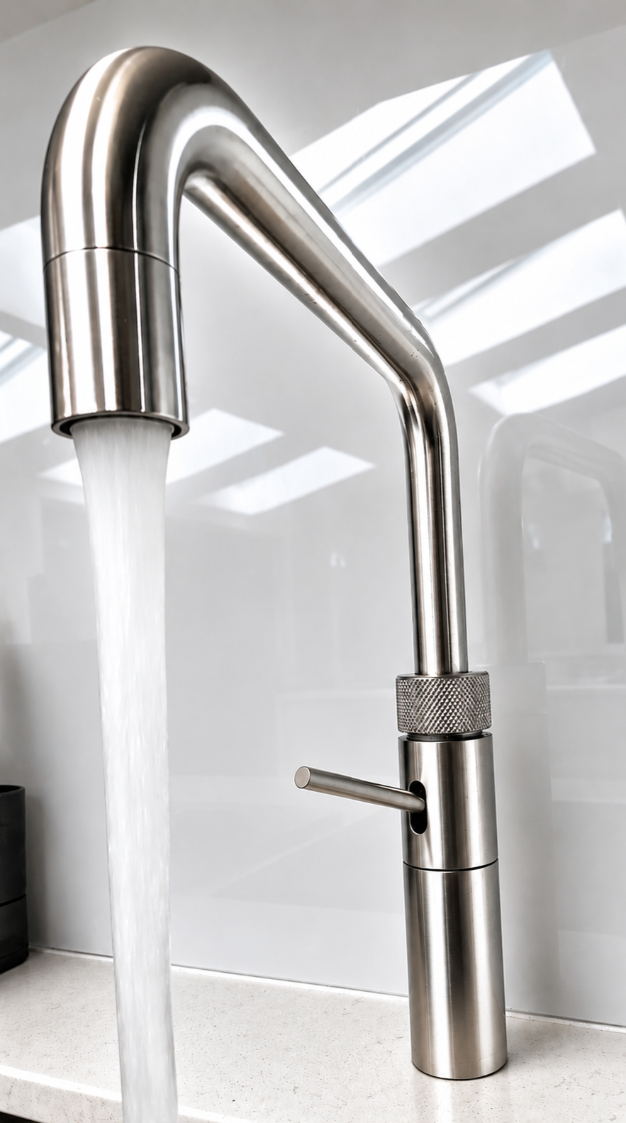 Stainless steel kitchen faucet with water flowing out, mounted on a white countertop, with a modern minimalist design.