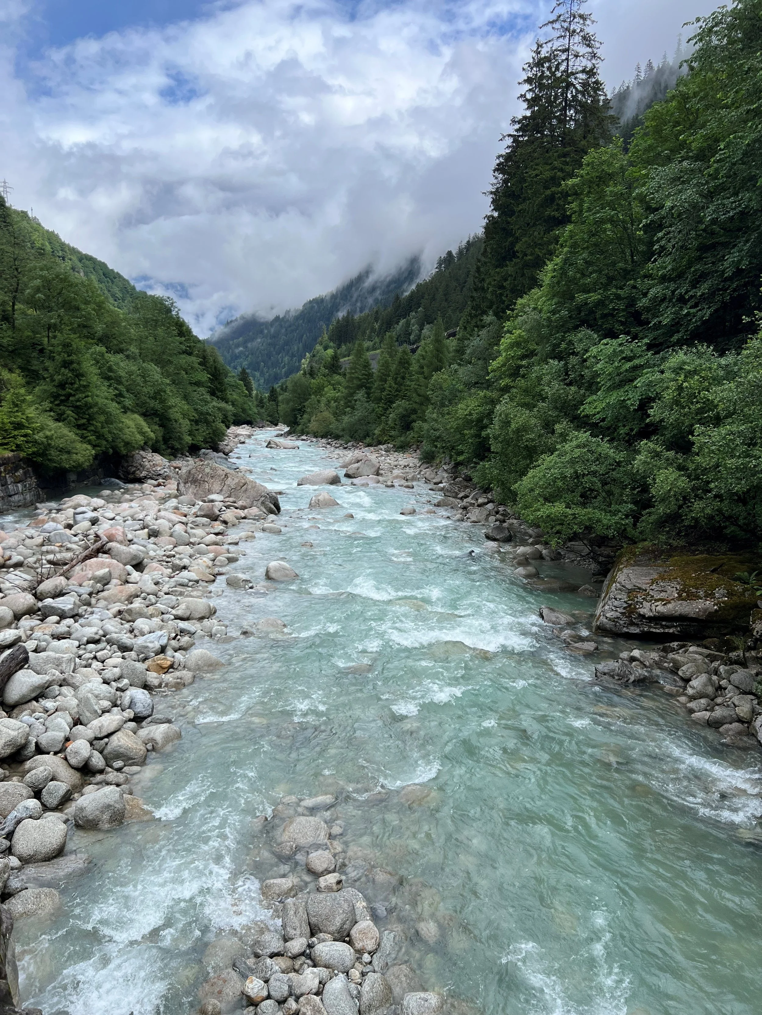 A flowing mountain river surrounded by lush green trees and rocky banks with cloudy sky overhead.