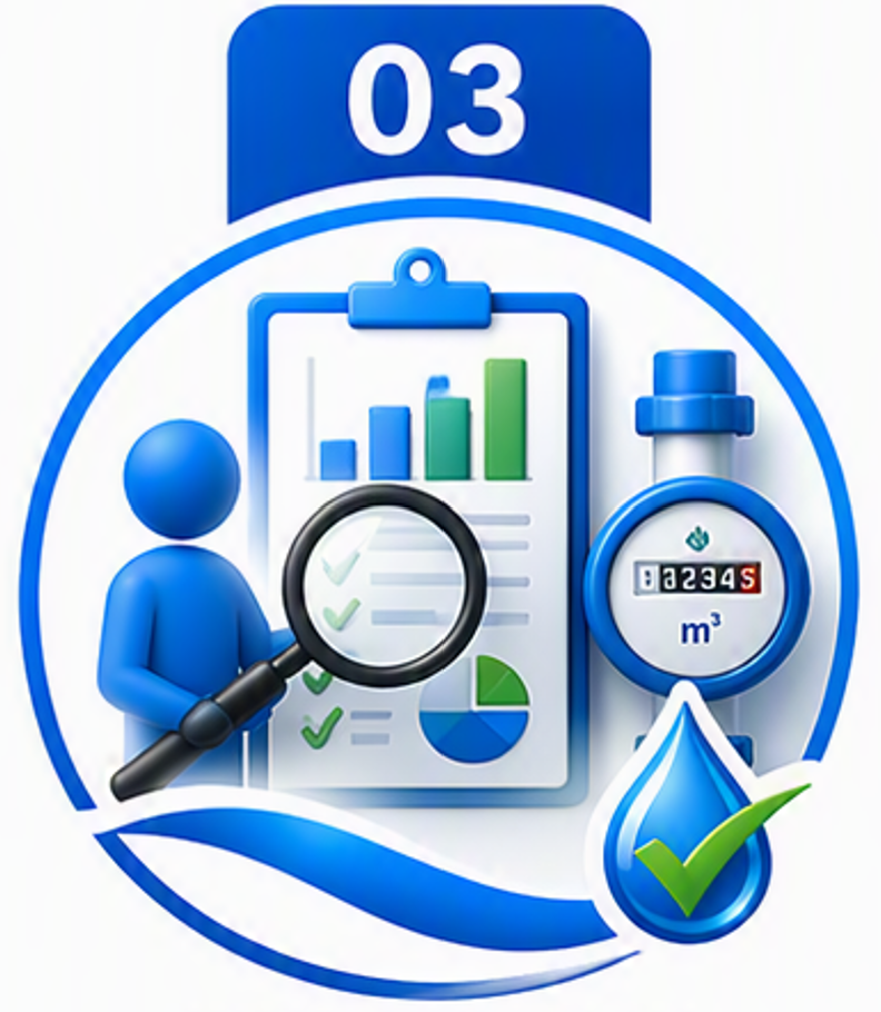 Illustration of water measurement, analysis, and testing, including a person with a magnifying glass, charts, a water meter, and a water droplet with a checkmark, with the number 03 at the top.
