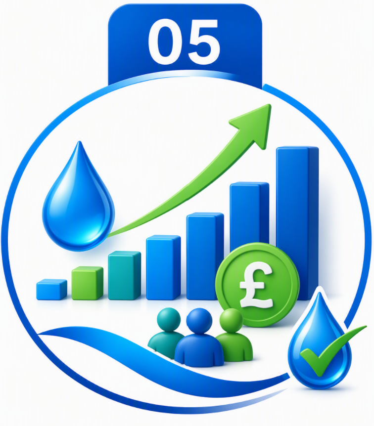 Illustration of financial growth with ascending bar graph, a green upward arrow, currency symbol with a green border, people icons, water droplets with check marks, and the number 05 at the top.