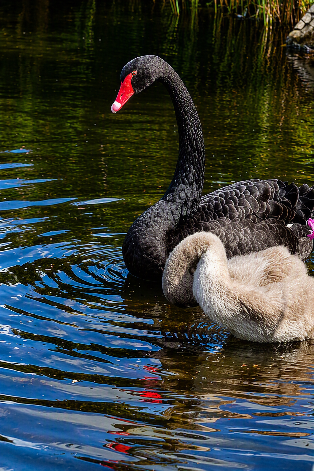 A black swan with a red beak swimming in a pond next to a white cygnet resting on its back.