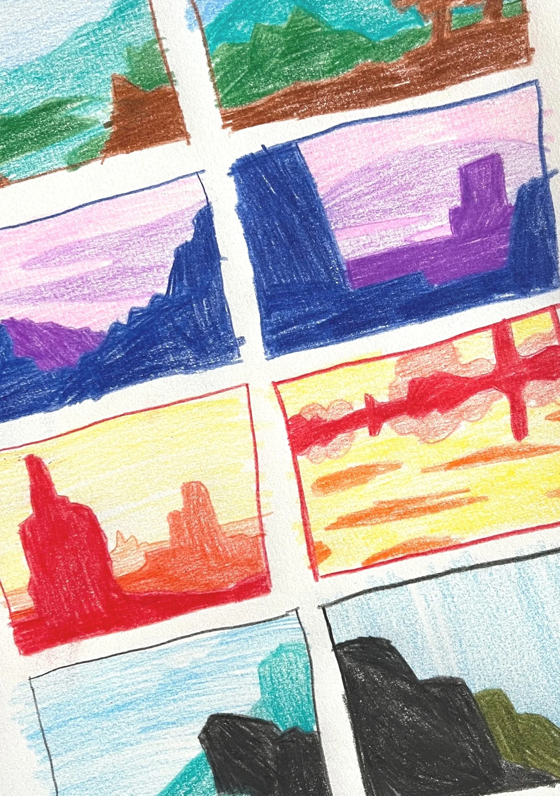 Child's colorful drawing featuring various landscapes, including a city skyline, mountains, and a sunset sky, created with markers.
