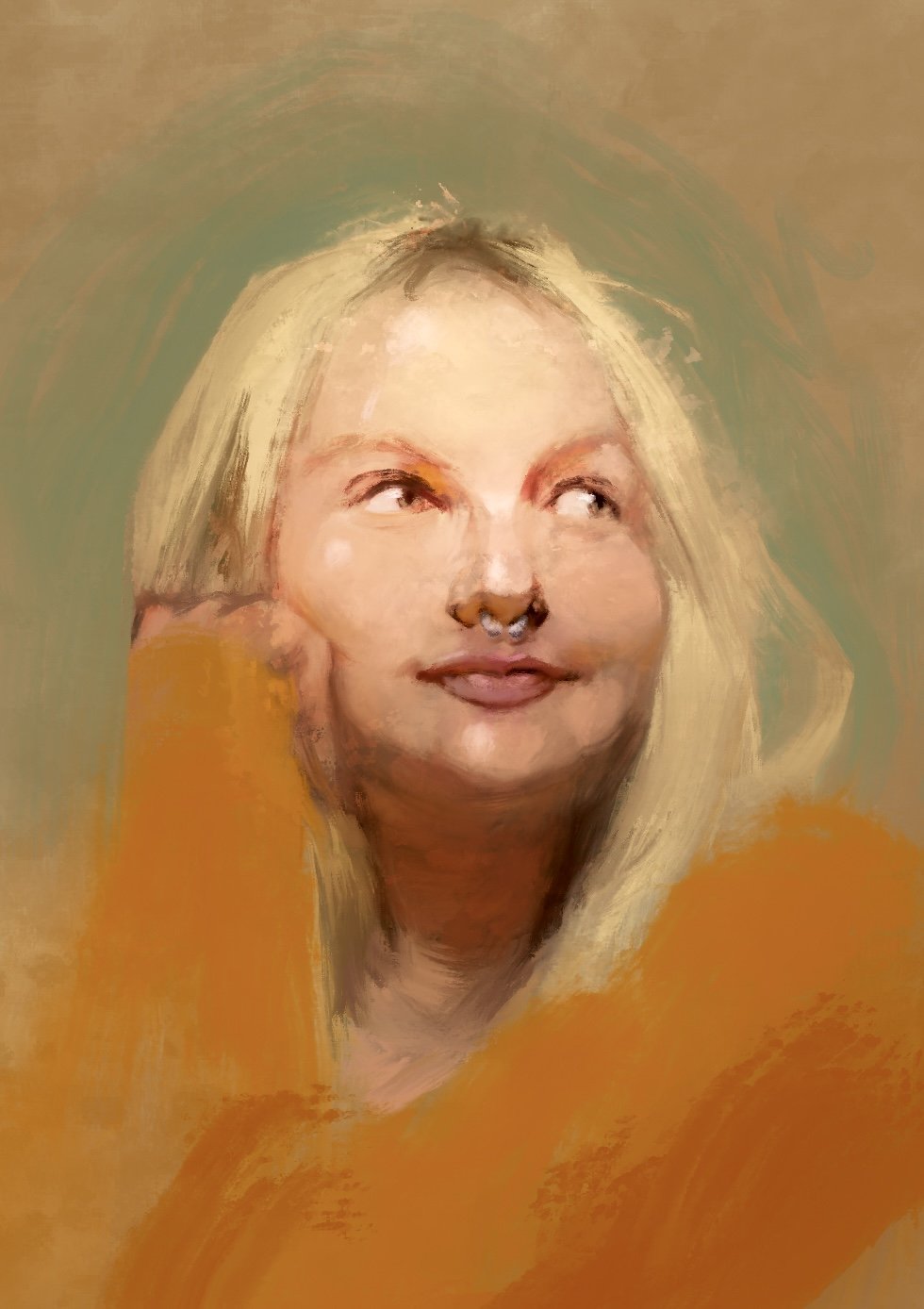 A woman with blonde hair smiling and looking up, with a painterly effect and warm earthy tones.