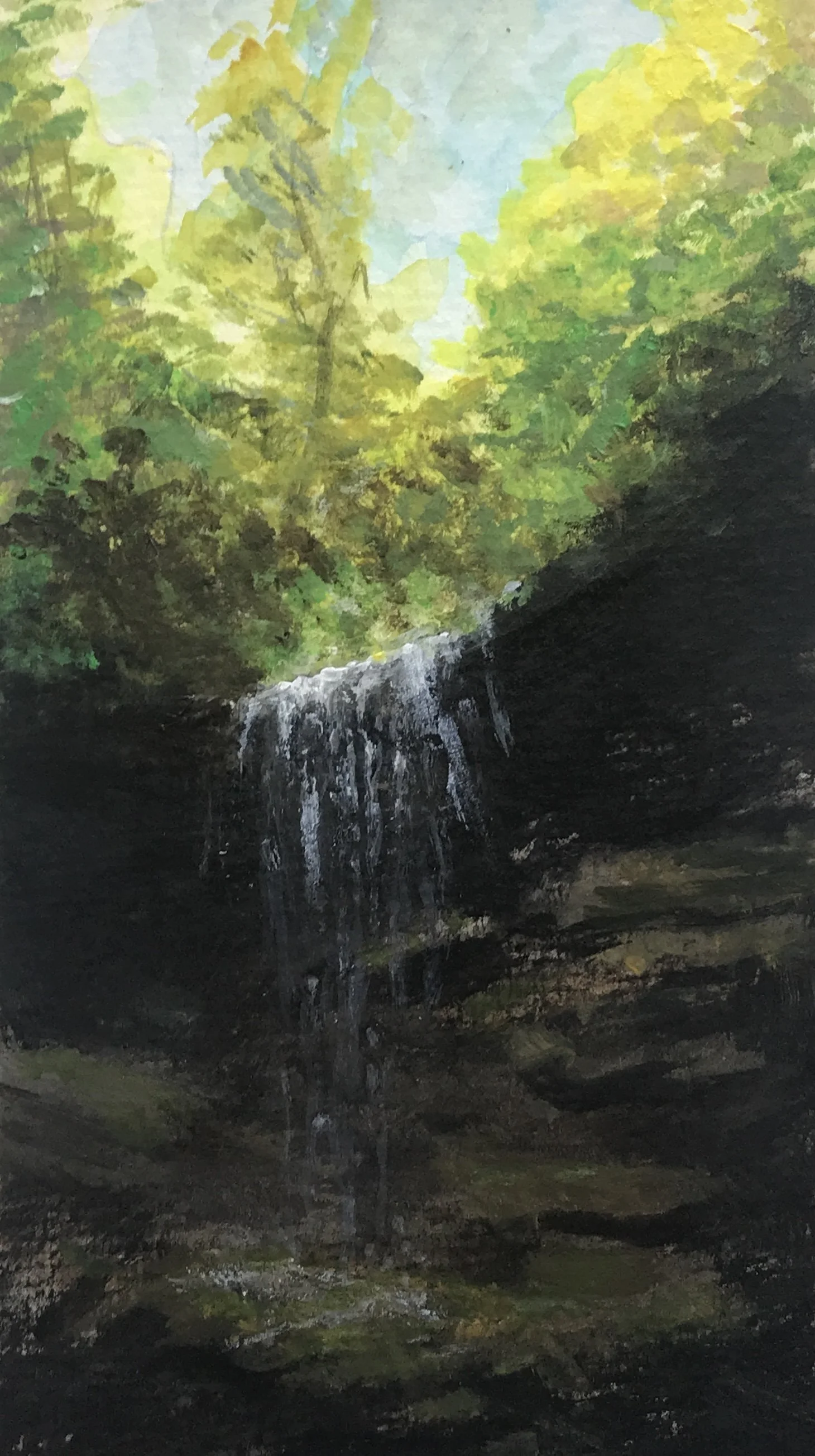 A painting of a waterfall flowing into a dark rocky pool, surrounded by lush green trees with a bright sky overhead.