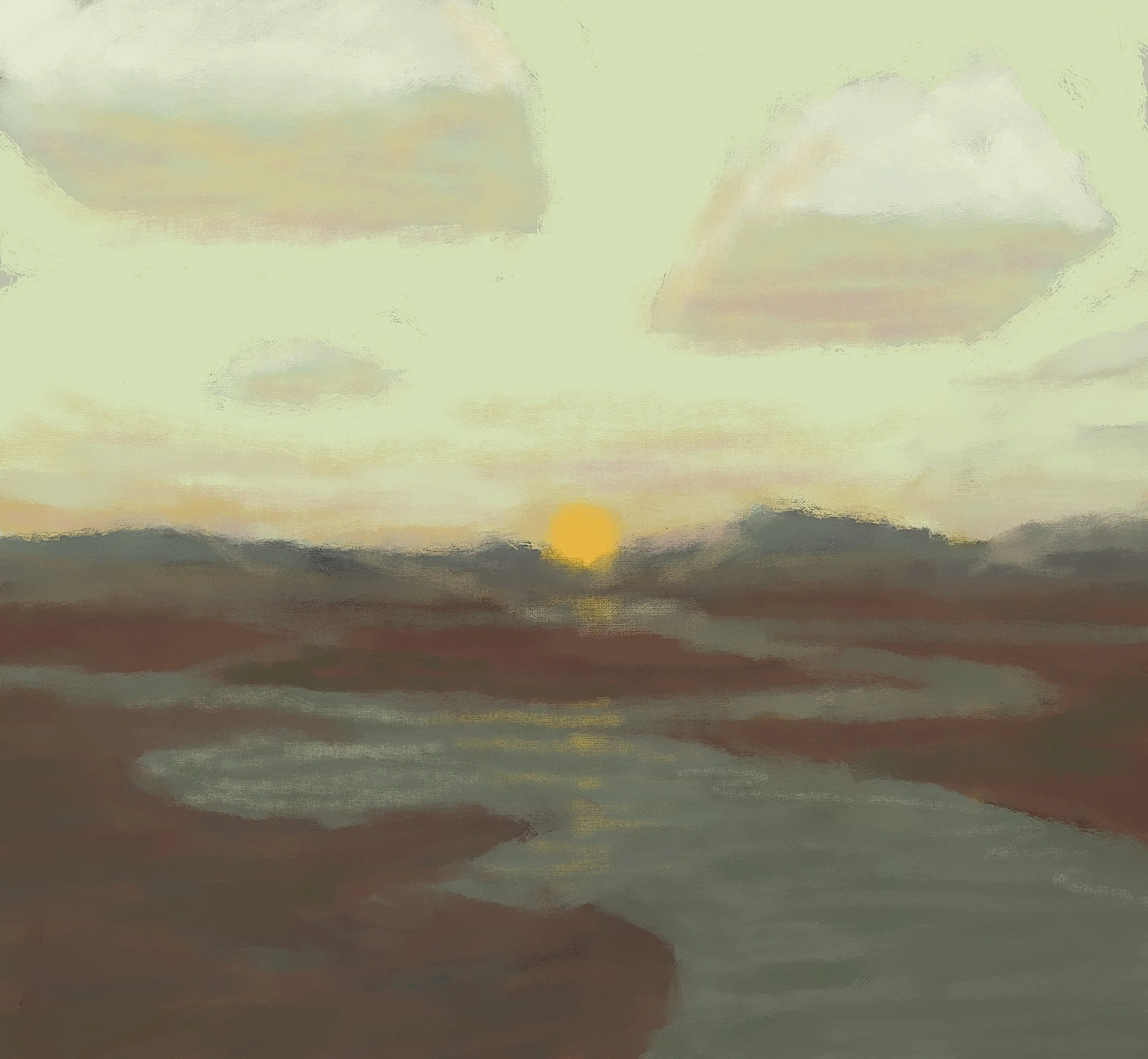 Abstract painting with horizontal bands of soft pastel colors, a yellowish sun near the horizon, and a dark foreground.