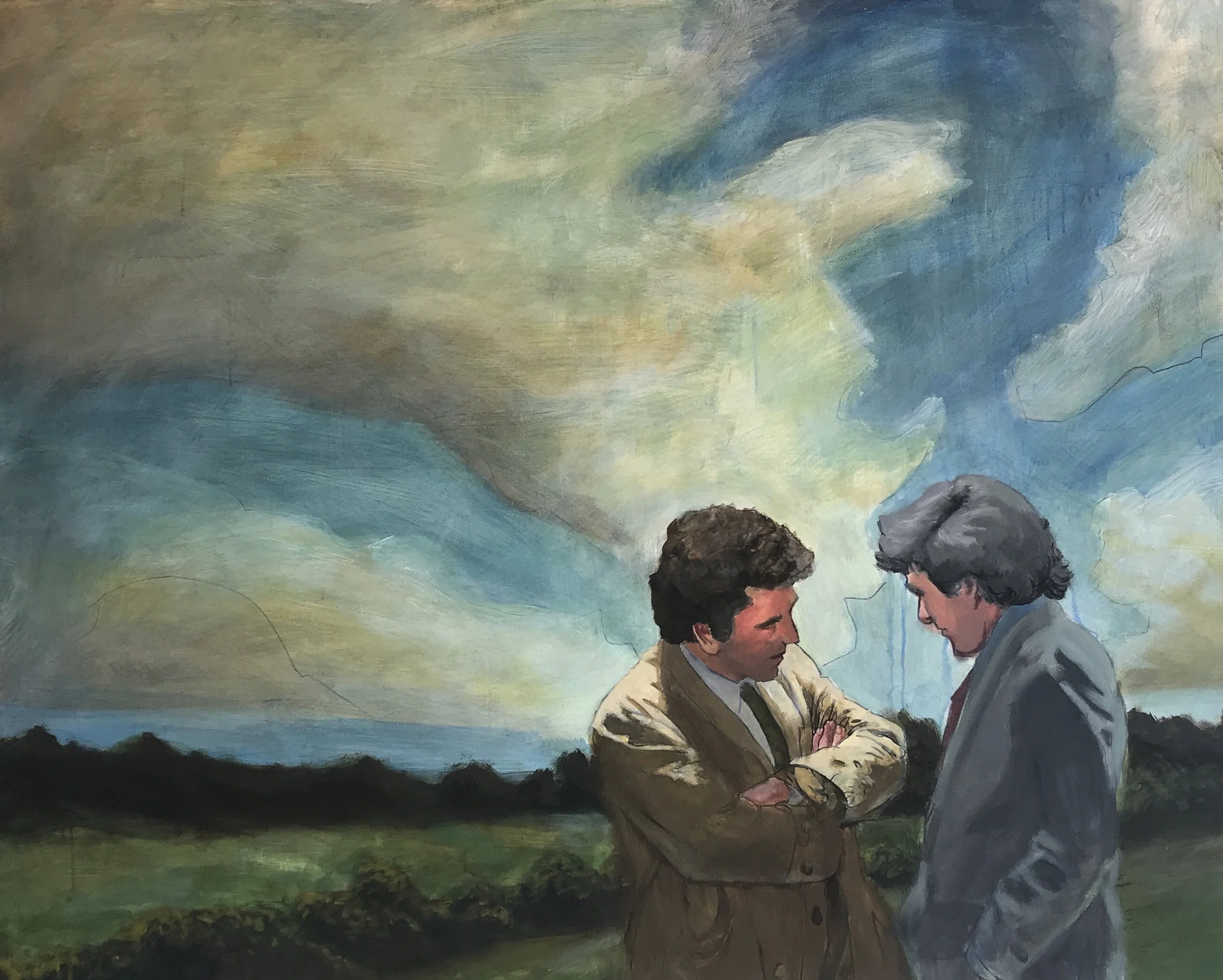 Two men shaking hands outdoors under a cloudy sky with rolling hills and trees in the background.