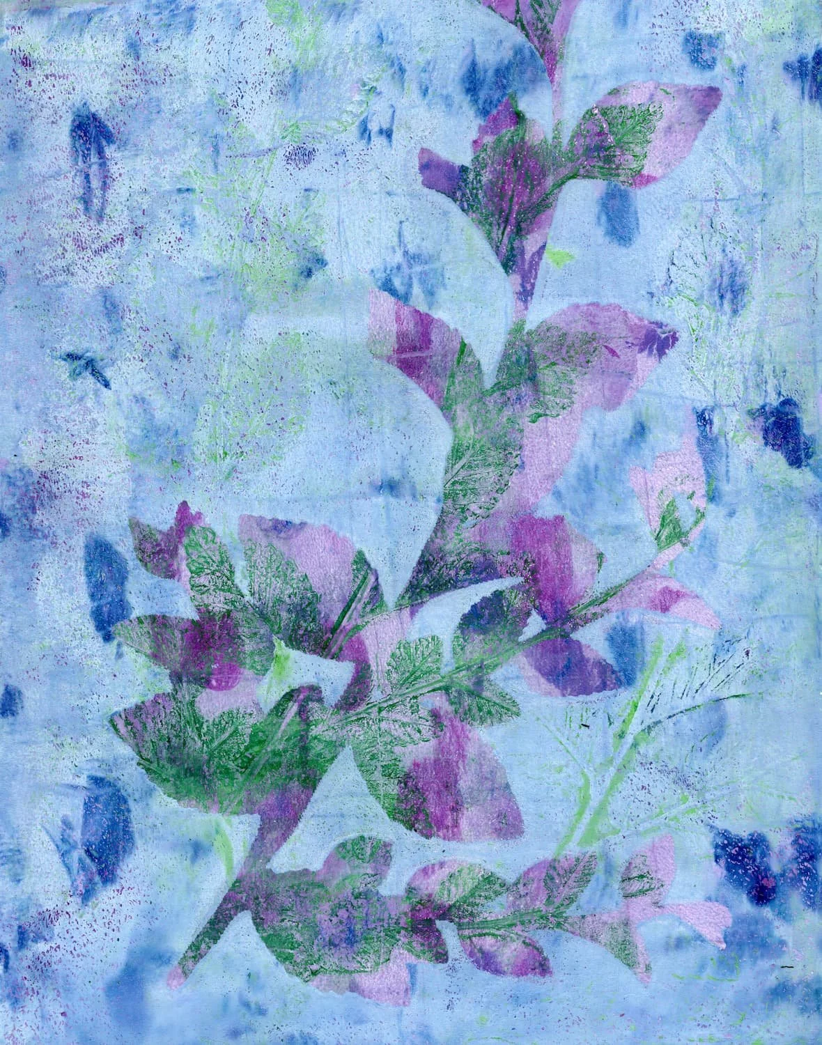 Botanical monoprint with leaf patterns in blue, purple, and green