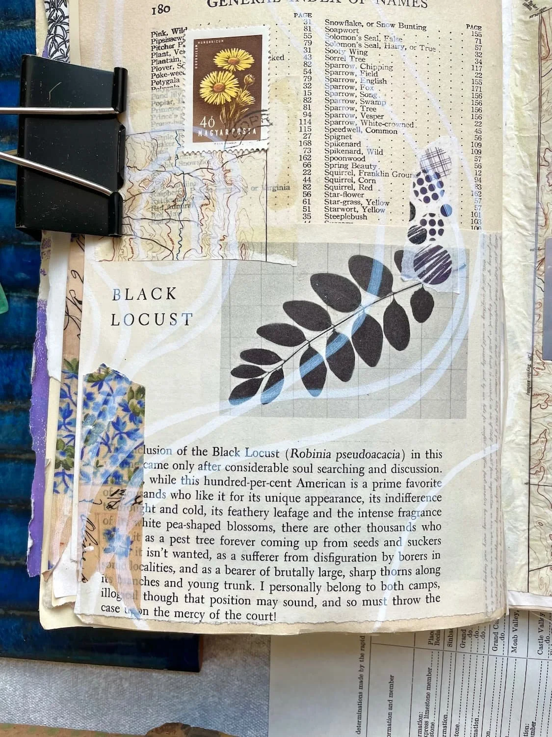 A mixed media journal page with vintage papers and wash tape