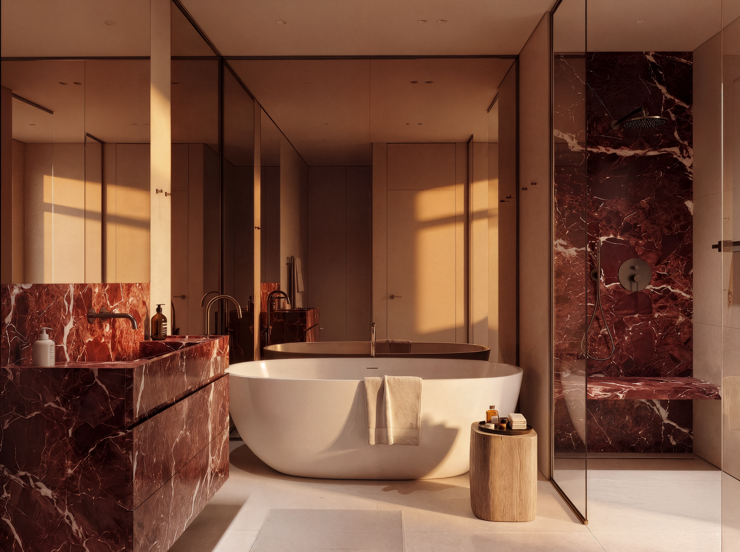 Badezimmer mit freistehender Wanne und rotem Marmor — Interior Design von Jeseva Düsseldorf