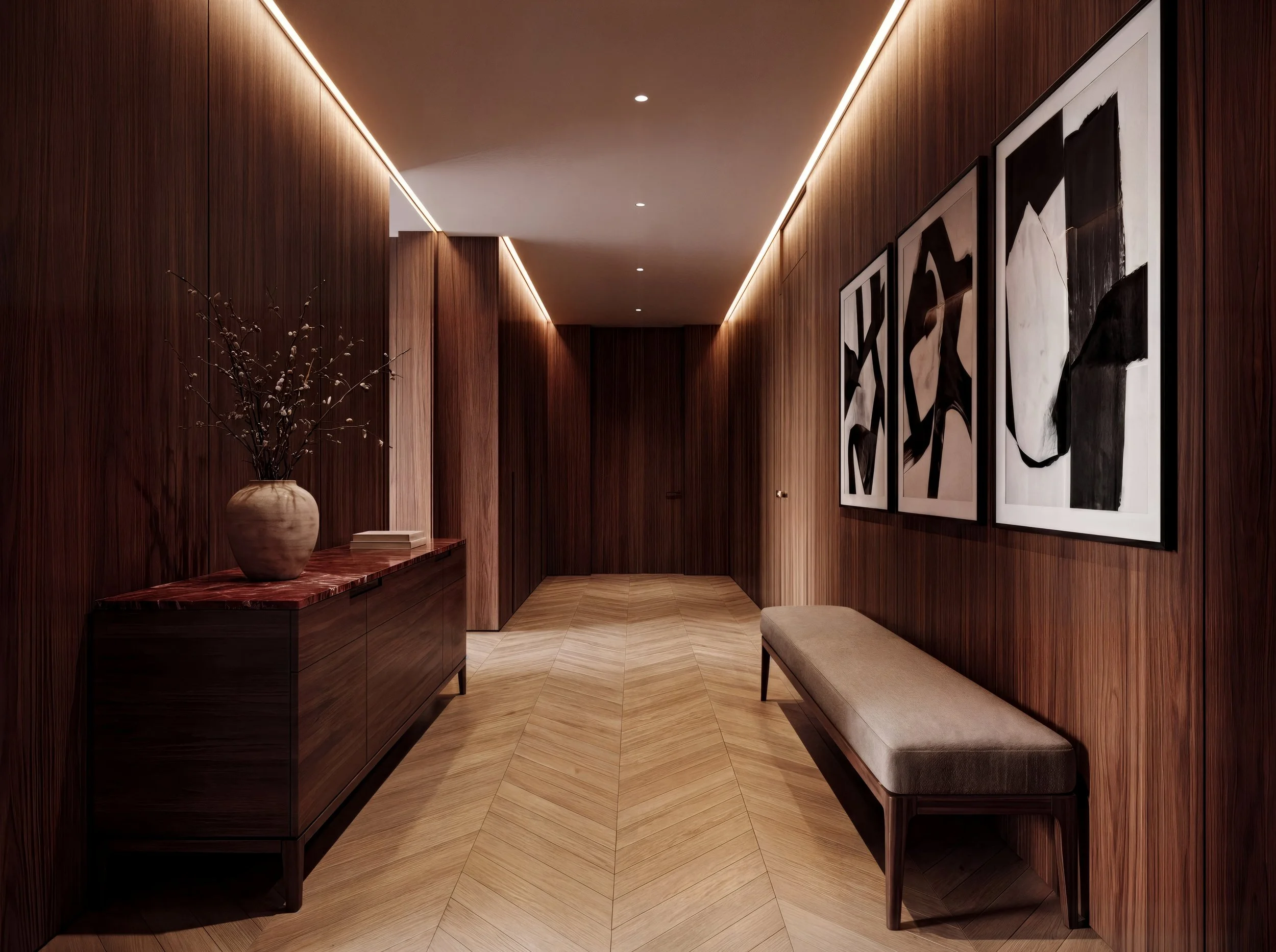Eingangsflur mit Walnussvertäfelung, Fischgrätparkett und schwarz-weißer Kunst — Interior Design von Jeseva