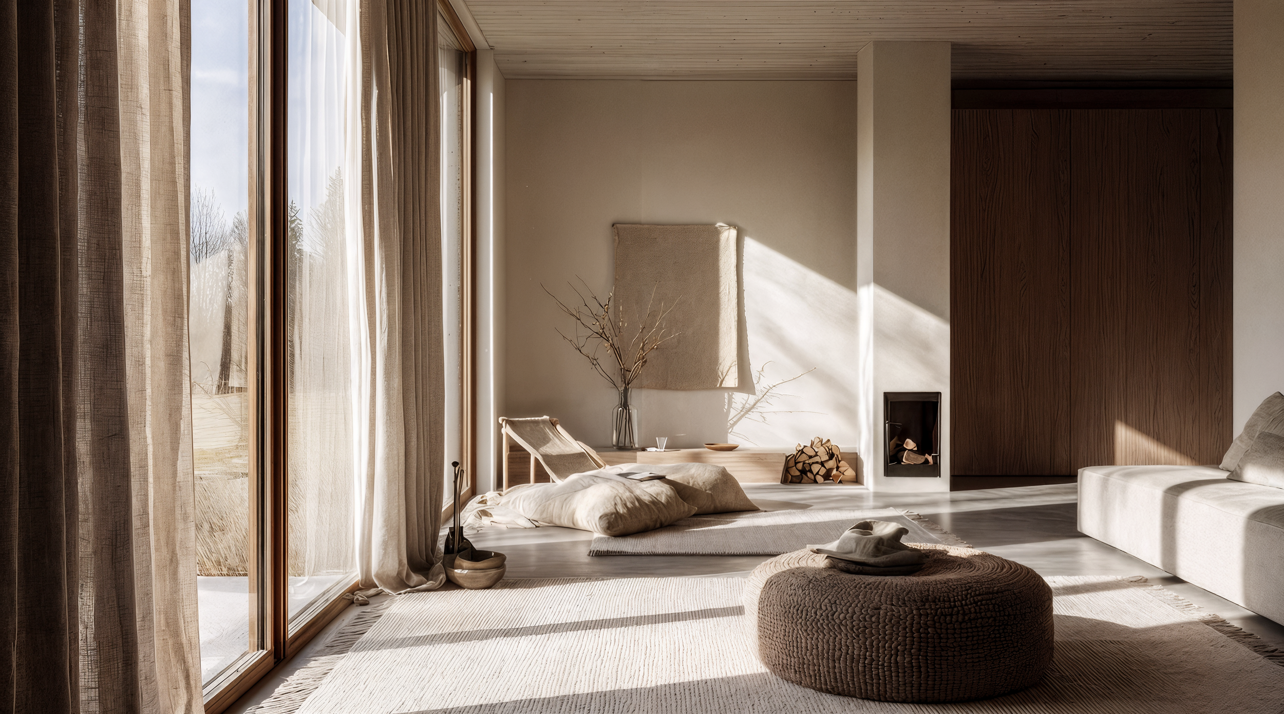 Wohnzimmer mit Naturmaterialien und weichem Tageslicht — Projekt von Jeseva