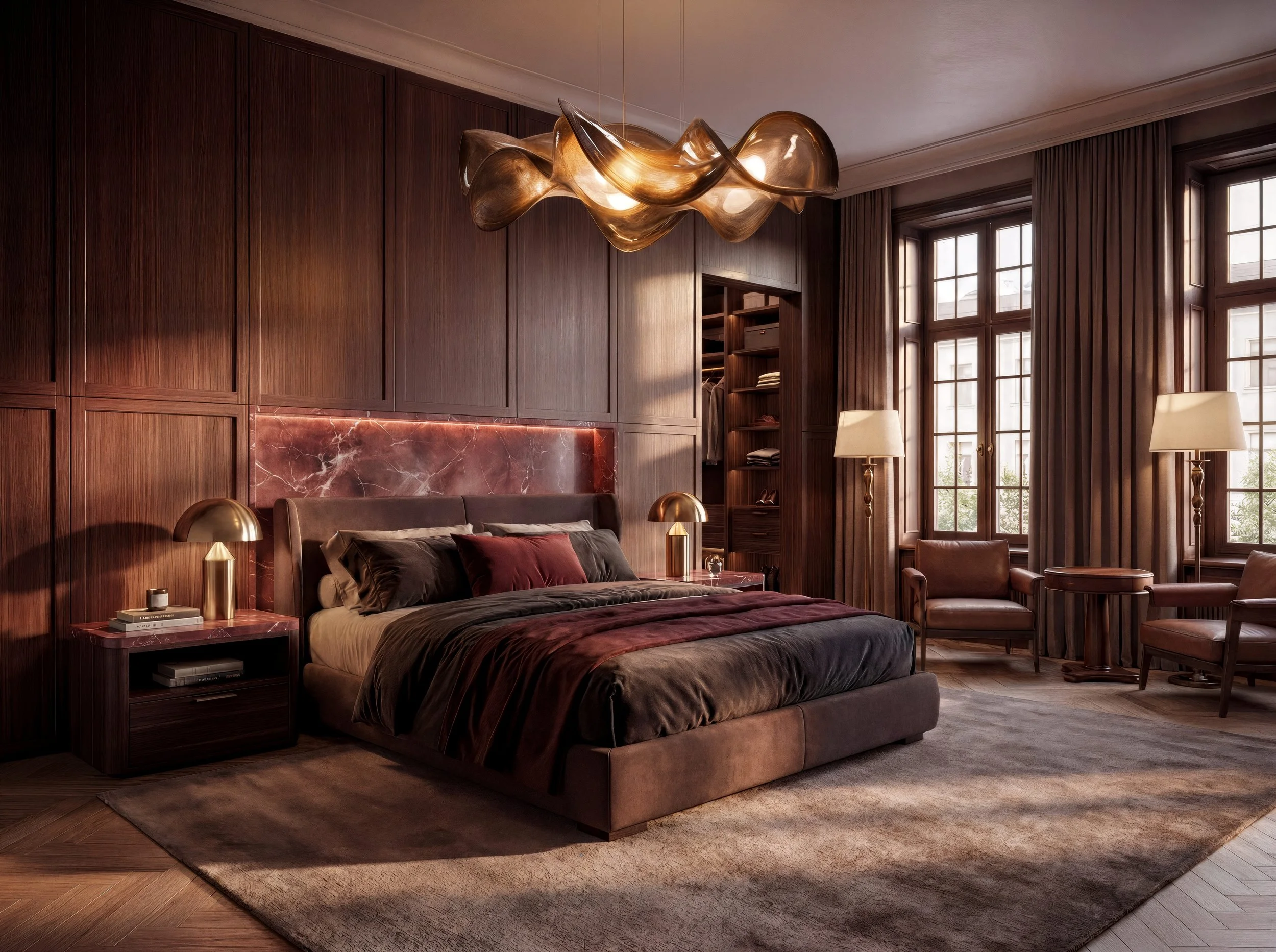Schlafzimmer mit Holzvertäfelung, rotem Marmor-Headboard und skulpturalem Leuchter — Projekt von Jeseva