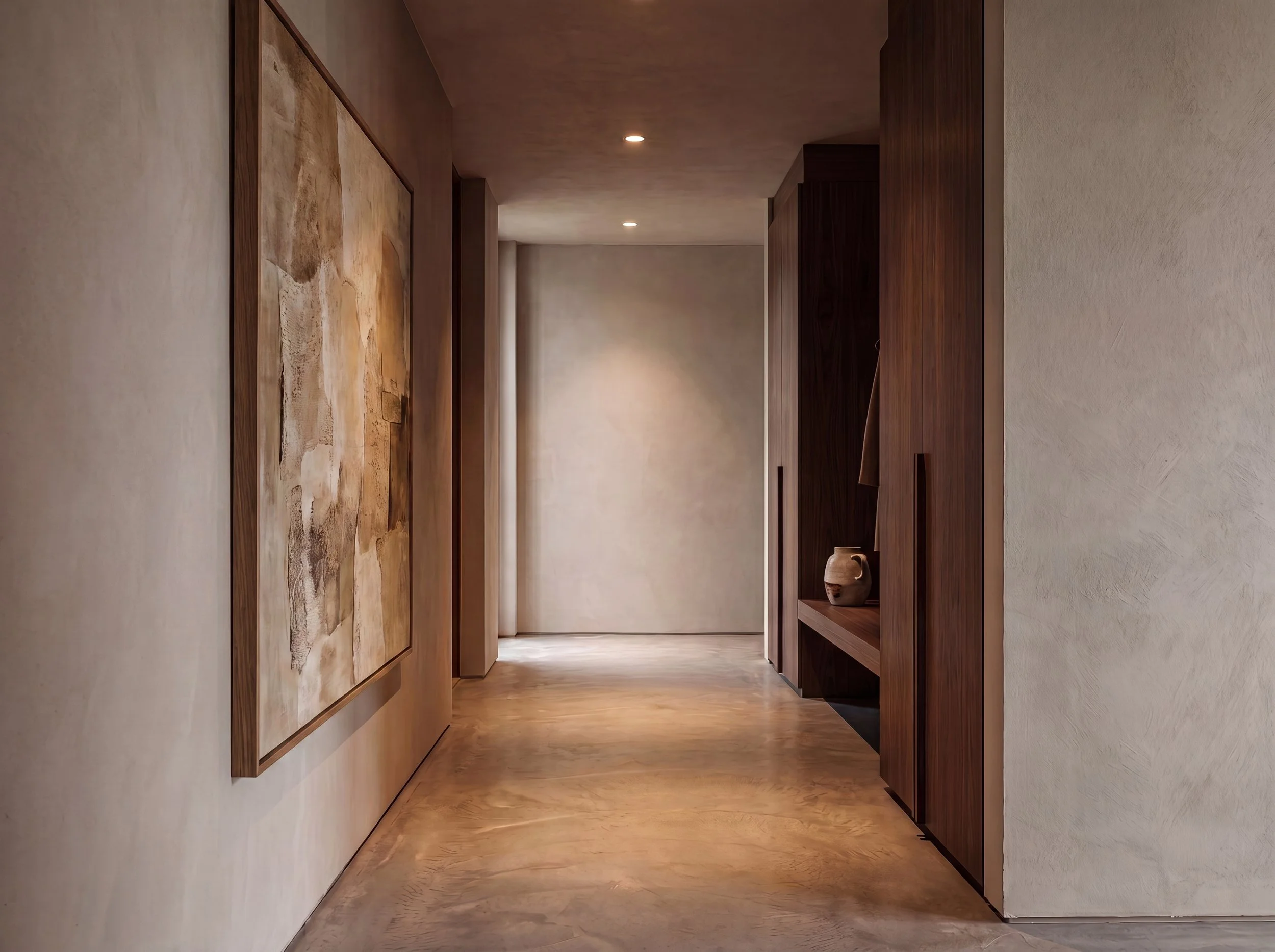 Flur mit Mineralputz, großformatiger Kunst und Walnusseinbauten — Interior Design von Jeseva