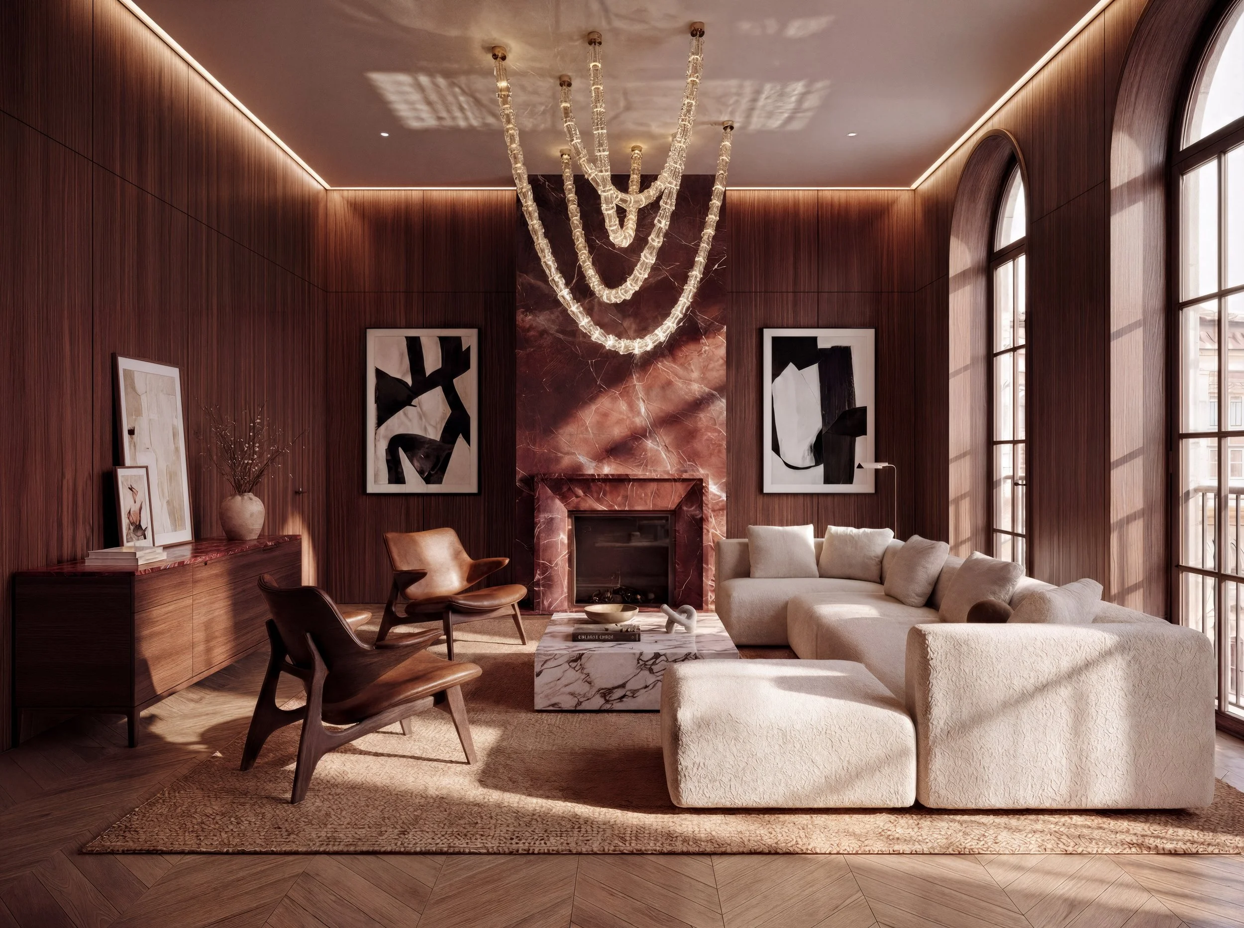 Wohnzimmer mit rotem Marmorkamin, Bogenfenstern und Walnussvertäfelung — Interior Design von Jeseva