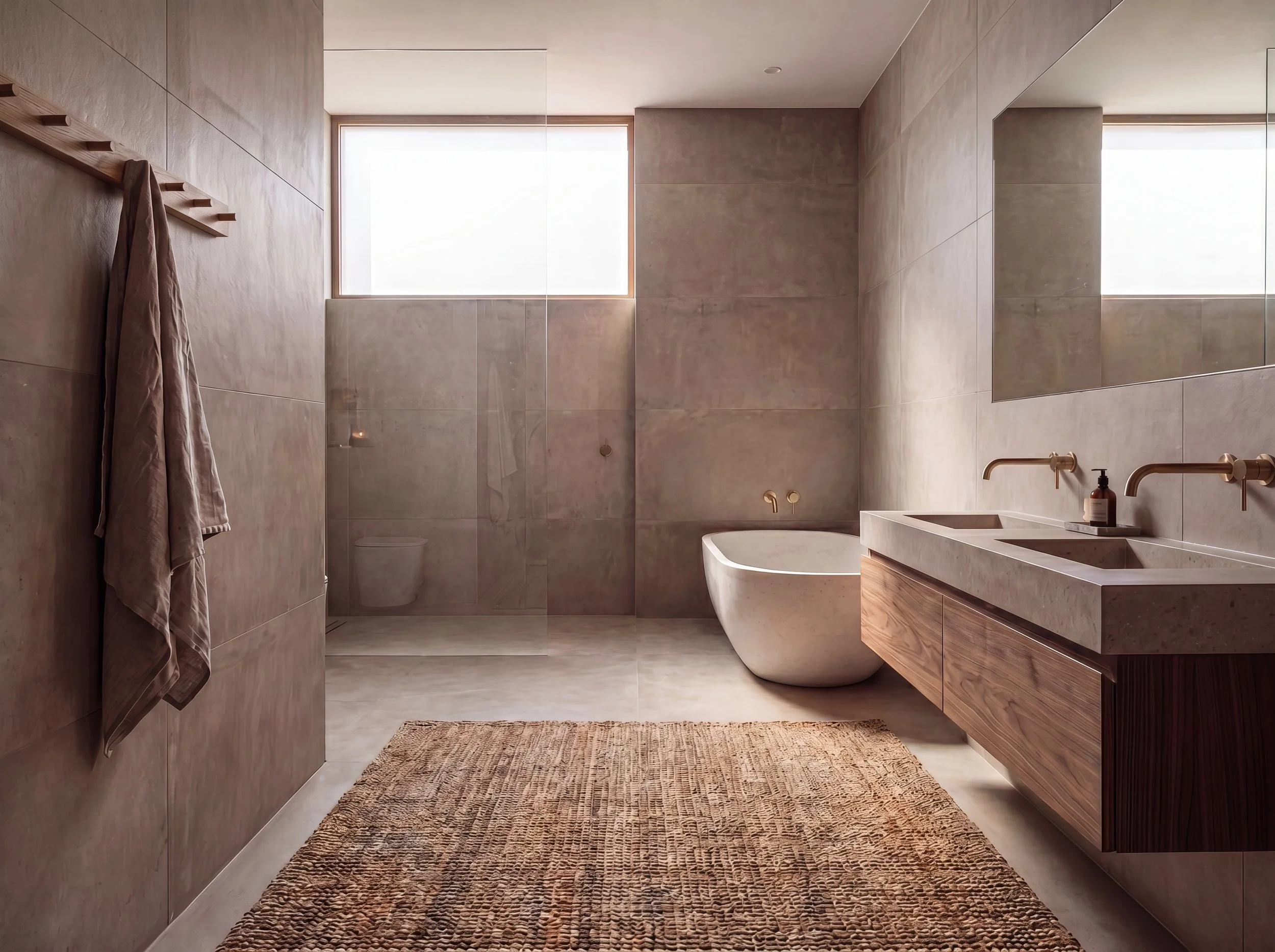 Badezimmer mit Steinwänden, freistehender Wanne und Walnusswaschtisch — Projekt von Jeseva