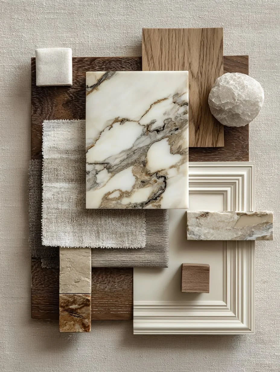 Materialcollage aus Marmor, Holz und Textilien — Materialkonzept von Jeseva