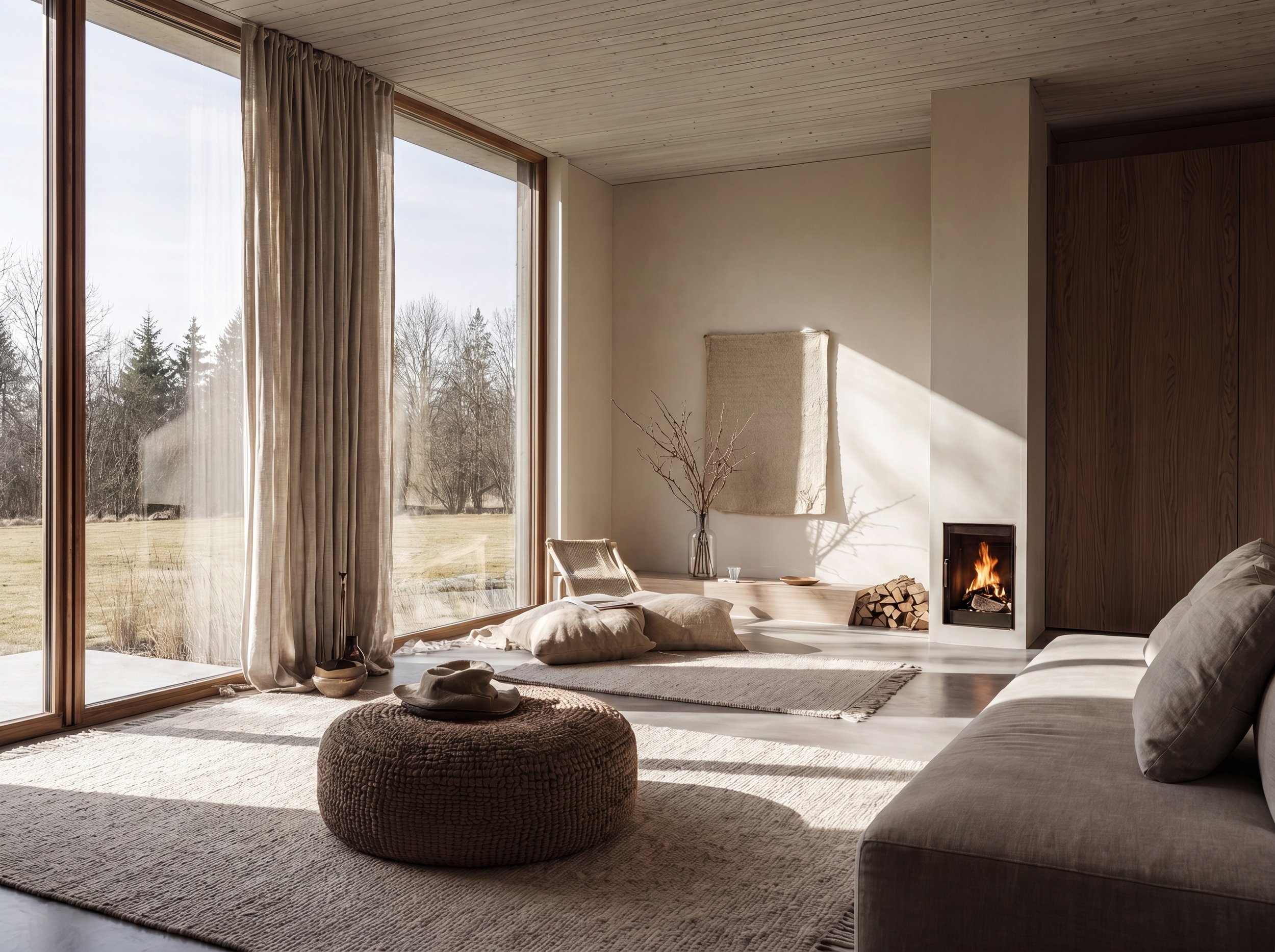 Wohnzimmer mit Kaminfeuer, raumhohen Fenstern und Naturmaterialien in Ivory — Interior Design von Jeseva